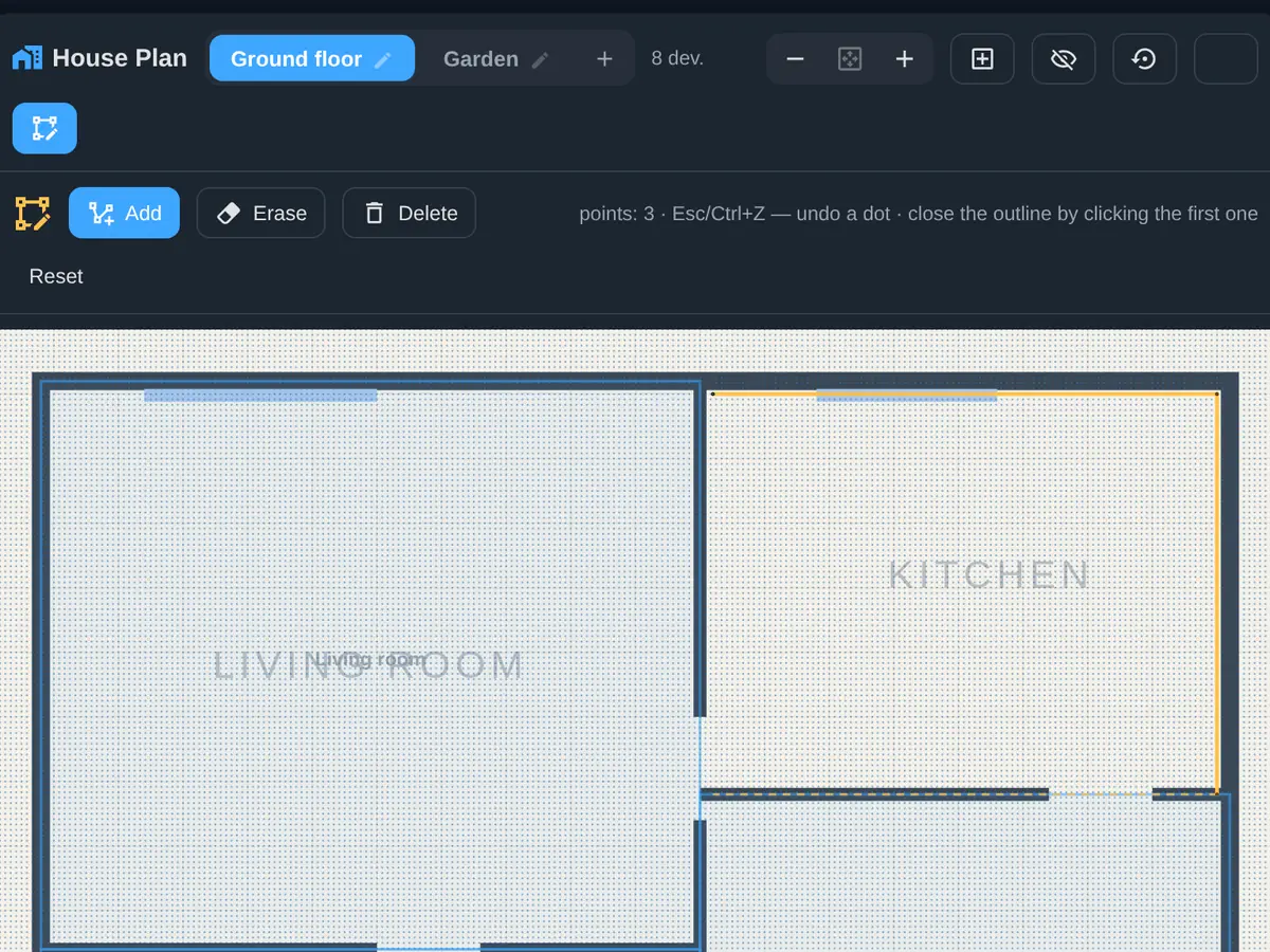 House Plan editor: drawing room outlines with the mouse on a grid, no YAML