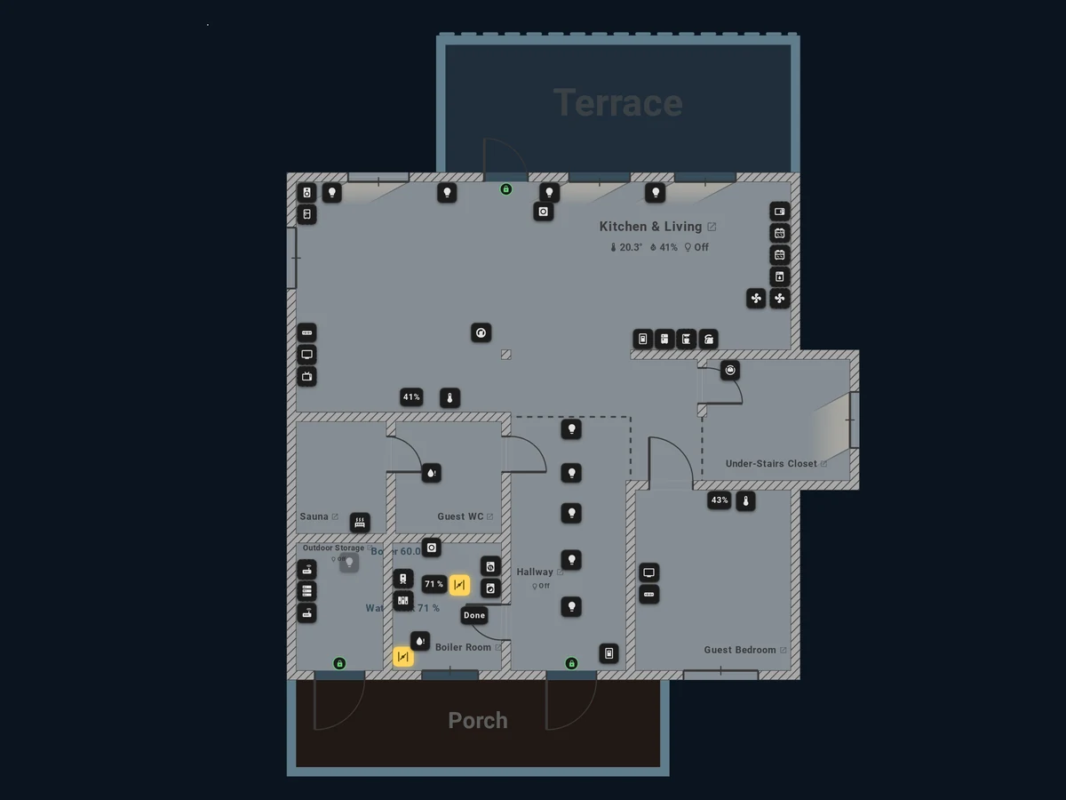 House Plan by day: a floor with 50 devices, room temperature and humidity right on the plan