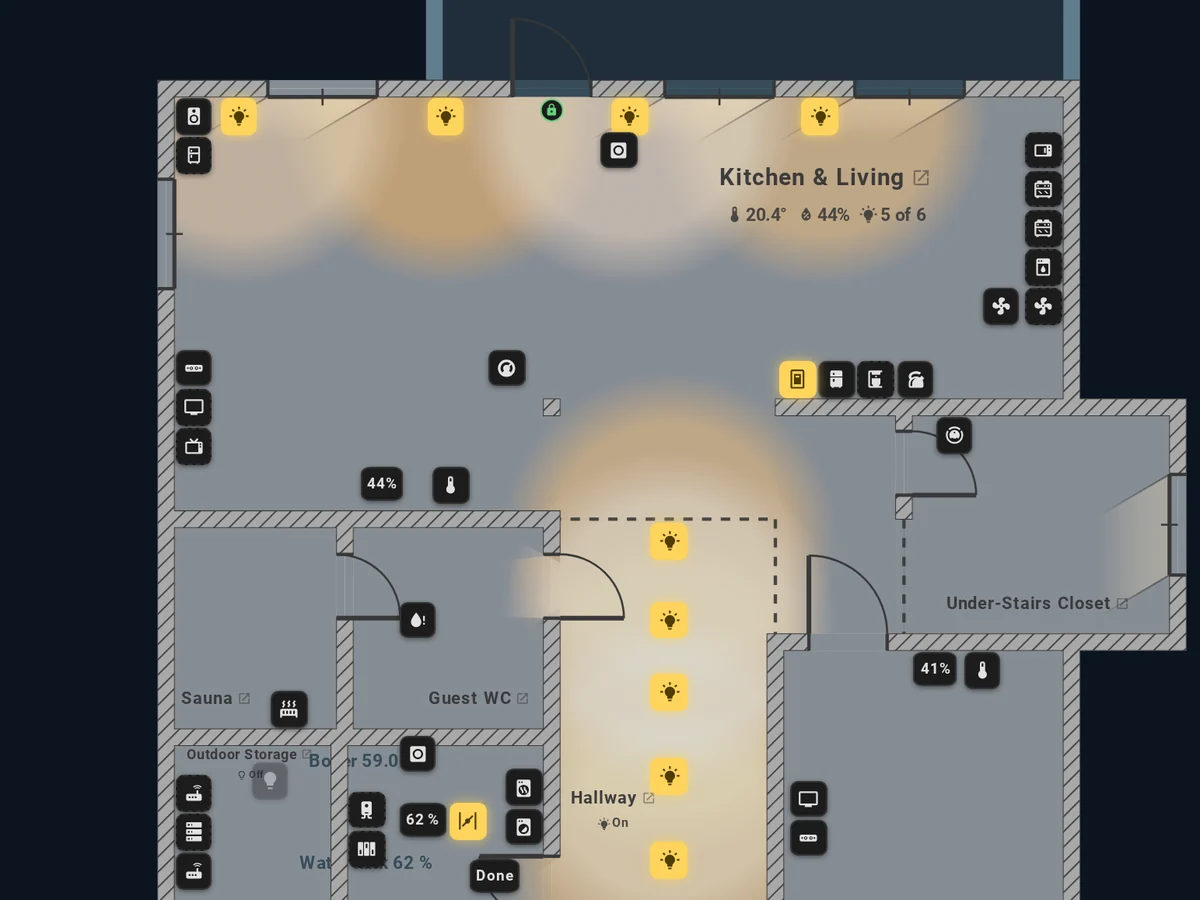 House Plan at night: rooms go dark and every lamp that is on pours a warm pool of light onto the floor plan